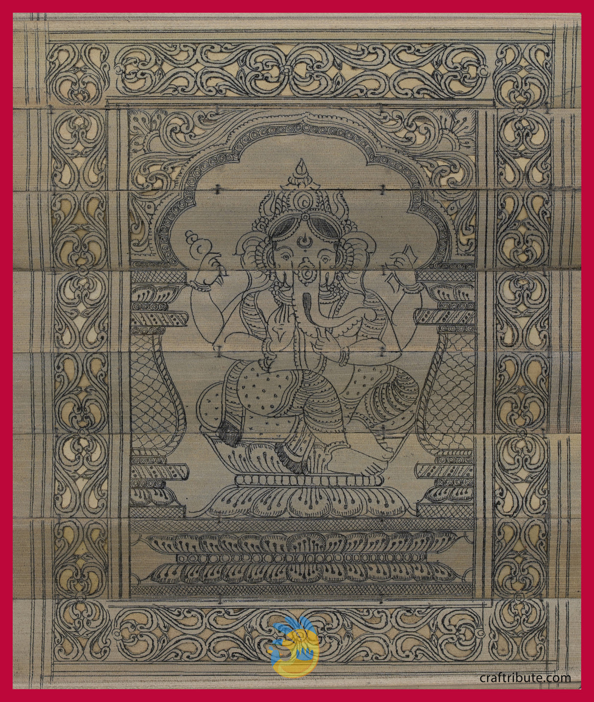 Beautiful painting of Lord Ganesha or Ganapati on Palm Leaf by grass root artisans of Odisha. Suggested bright red border is to enhance the look of the painting