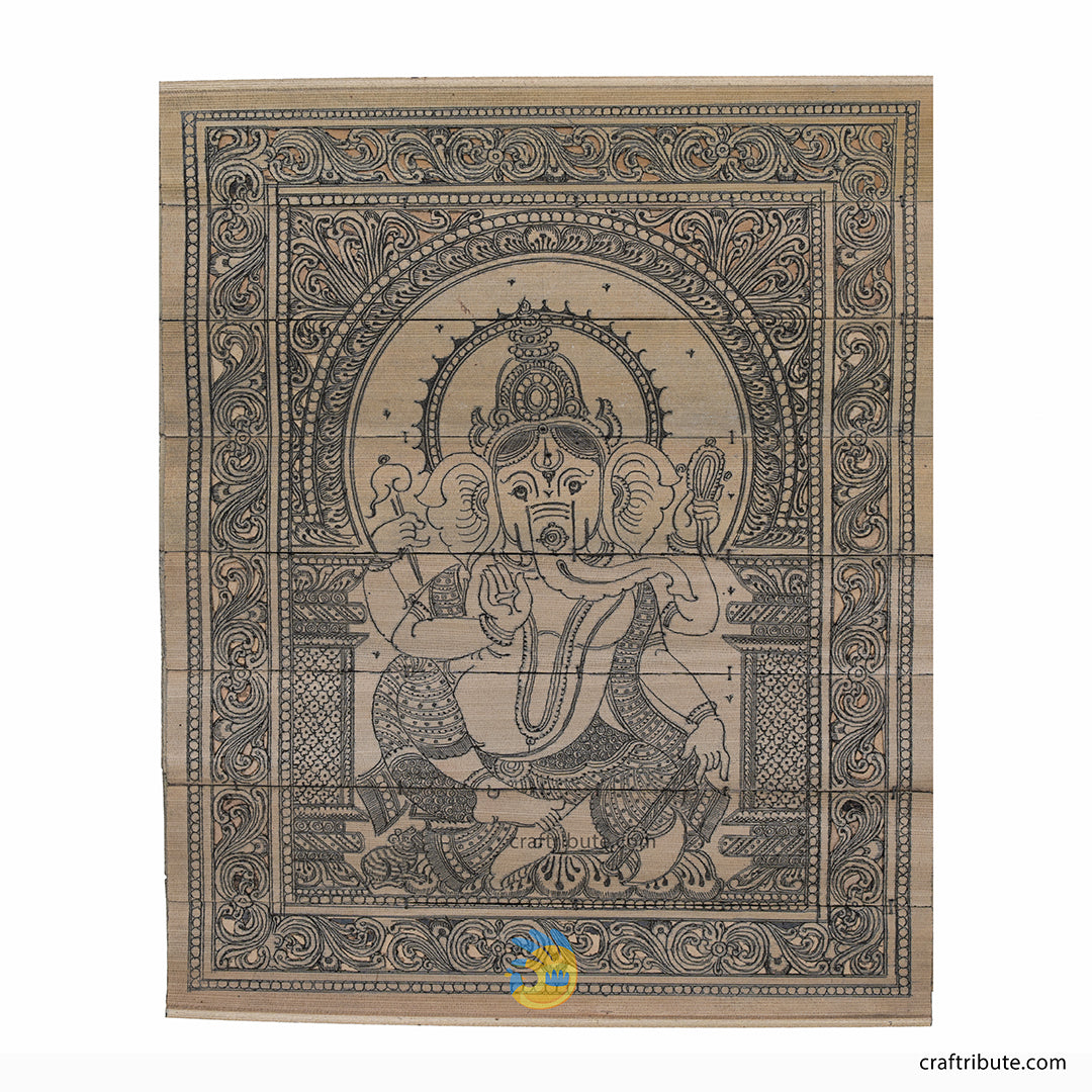 Ancient Art of Palm Leaf Painting (Talapatra Chitra) from Odisha depicts Lord Ganesha in a majestic form