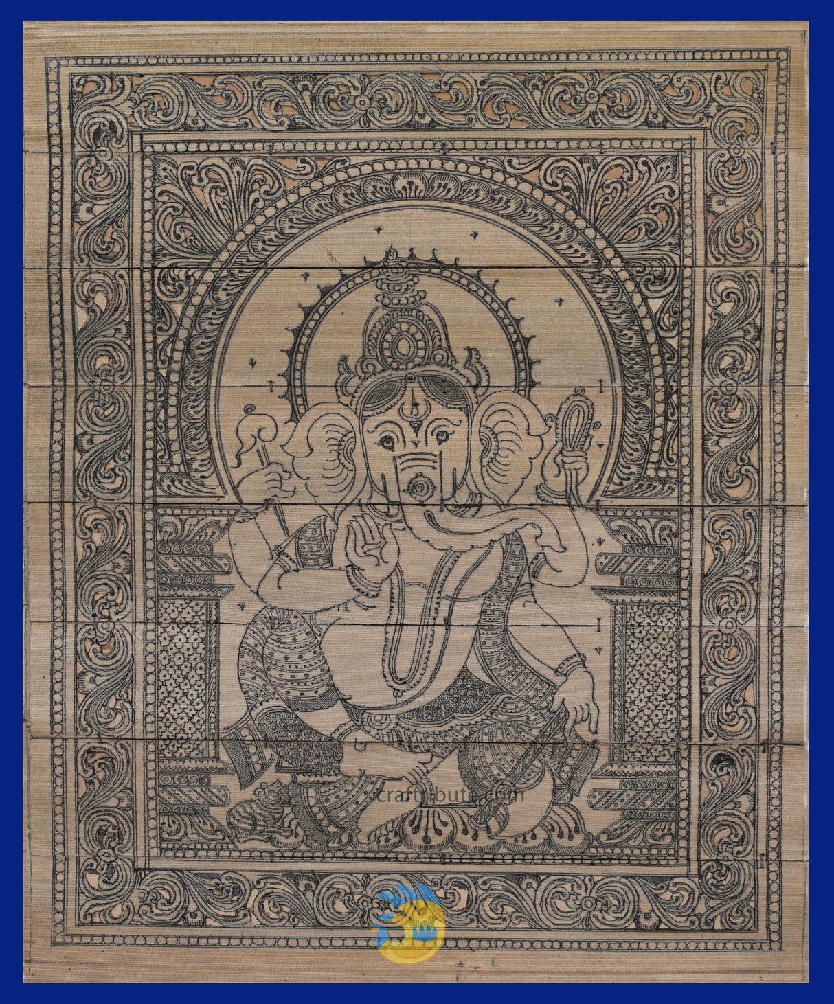 Ancient Art of Palm Leaf Painting (Talapatra Chitra) from Odisha depicts Lord Ganesha in a majestic form. Blue Frame is suggested to enhance the beauty of this painting even further.