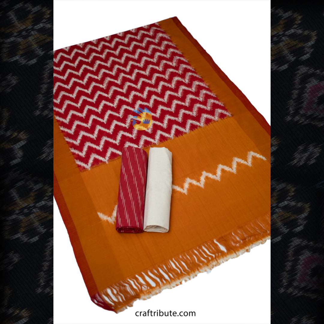 Pochampally Paagadu Bandhu (Double Ikat) Red & Yellow Wave Dress Material