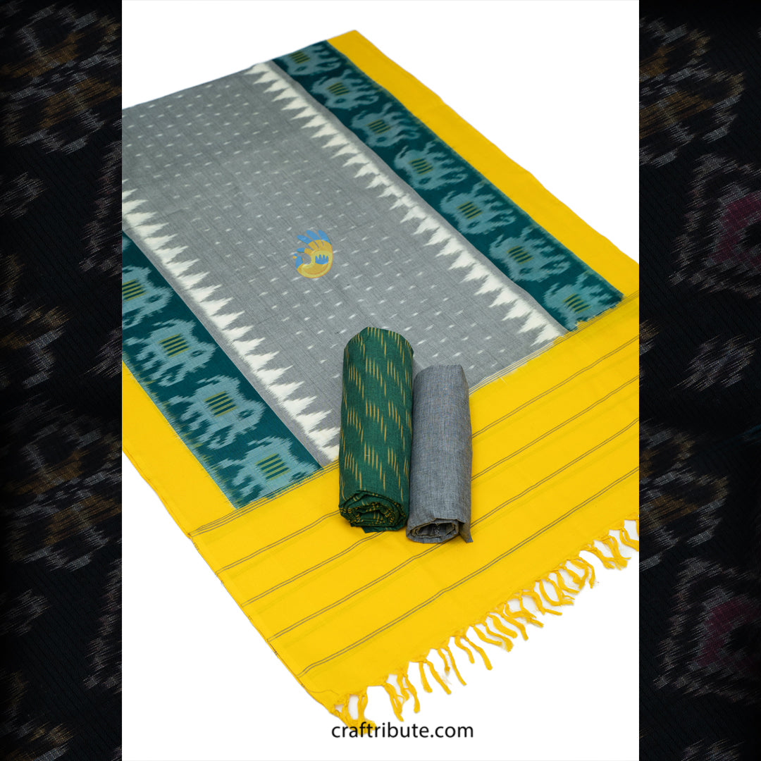 Pochampally Paagadu Bandhu (Double Ikat) Grey & Yellow Dress Material
