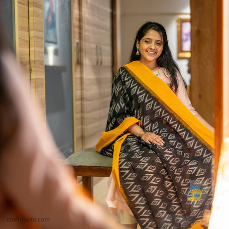 Double Ikat handwoven Black and Yellow bud Dupatta