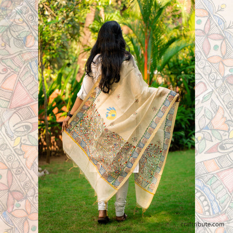 Madhubani hand painted Cotton Silk Dupatta – Tree of life