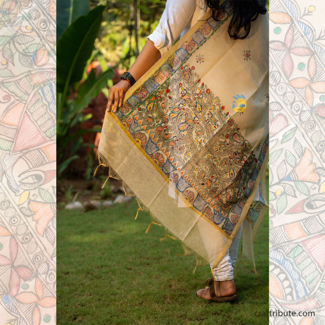 Madhubani hand painted Cotton Silk Dupatta – Tree of life