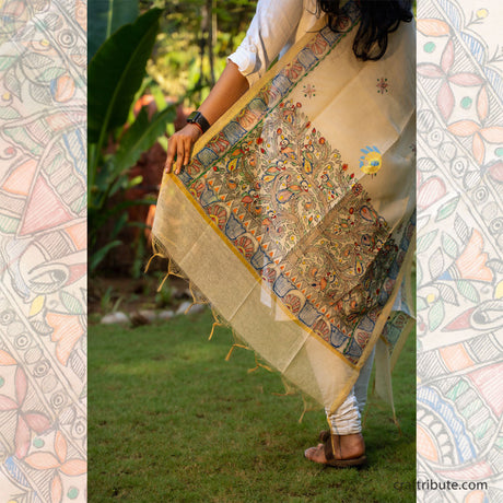 Madhubani hand painted Cotton Silk Dupatta – Tree of life