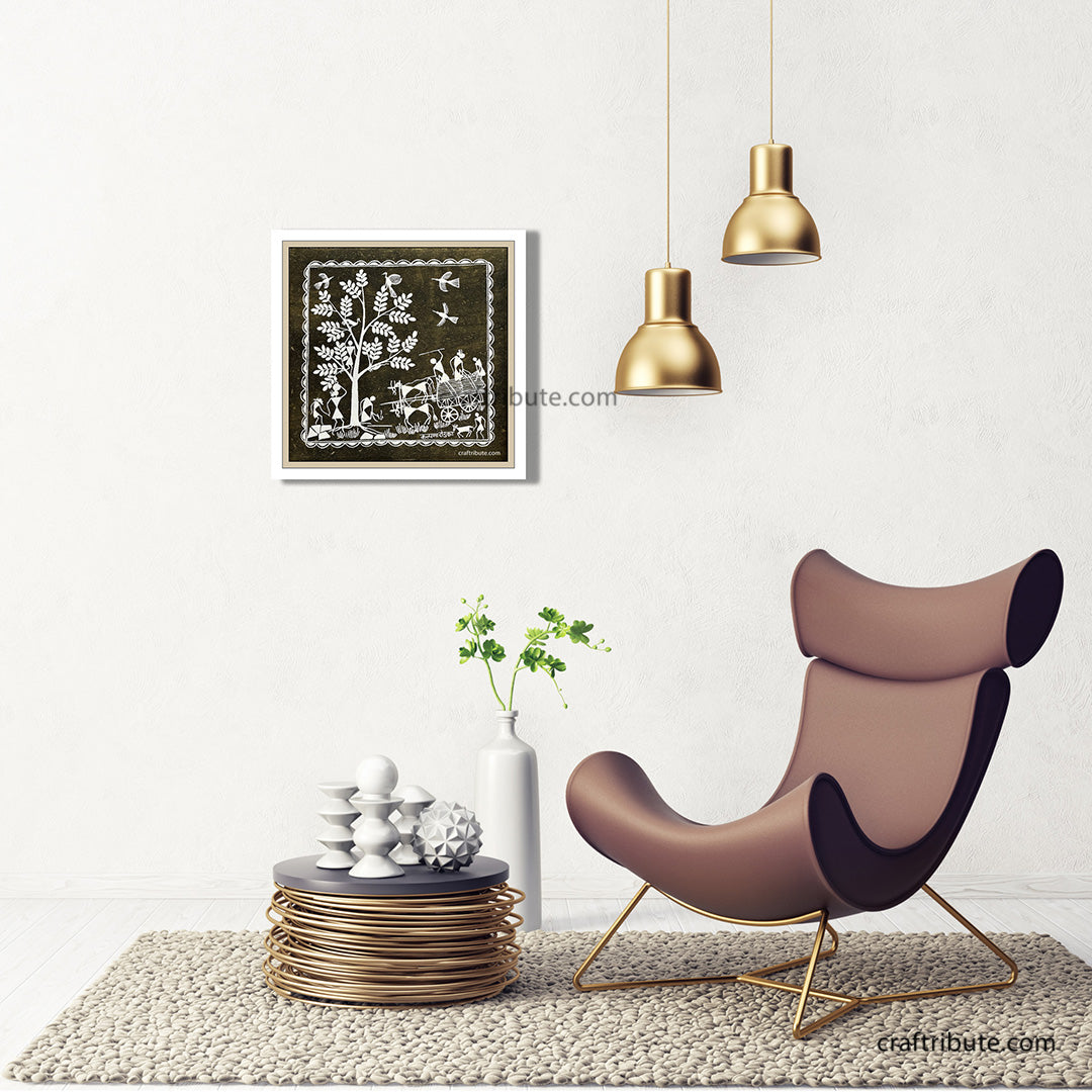 Tribal Warli Painting | Craftribute | Tree & Bullock Cart | Wall Decor 30 cm x 30 cm