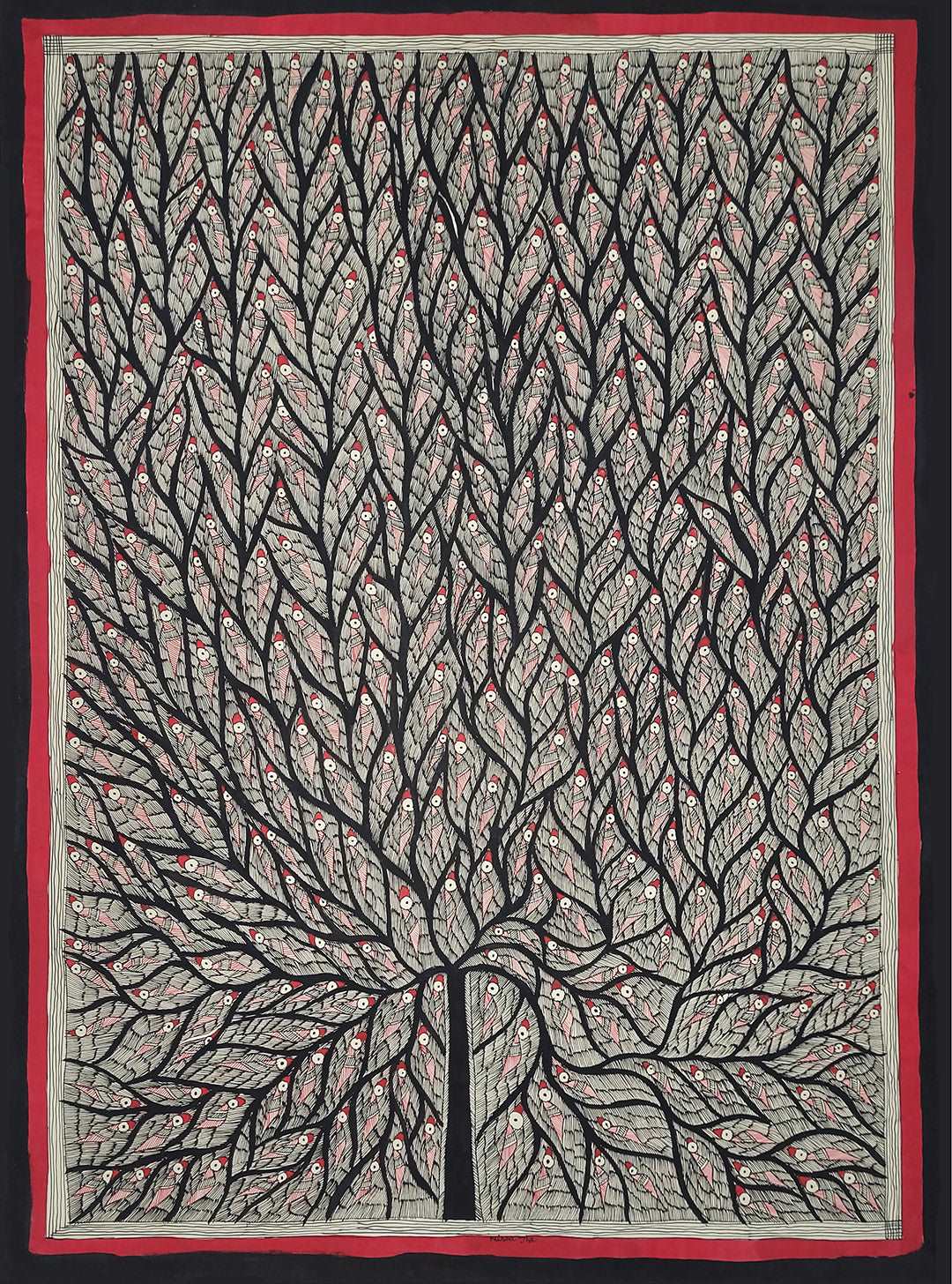 Madhubani Painting – Tree of Life (Black & Red)