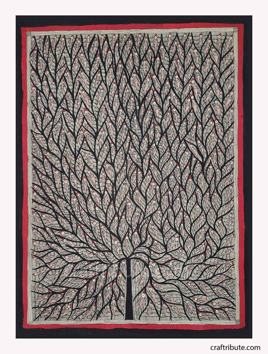 Madhubani Painting – Tree of Life (Black & Red)
