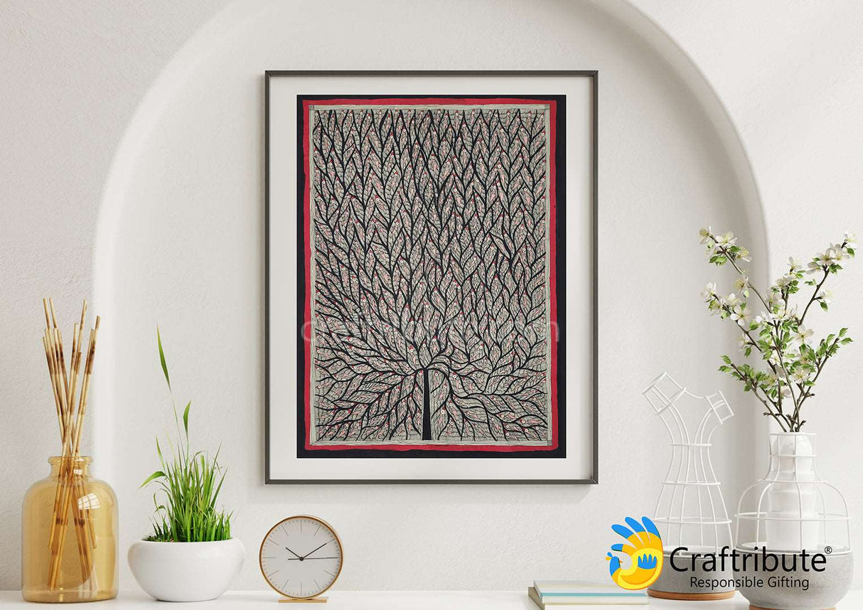 Madhubani Painting – Tree of Life (Black & Red)