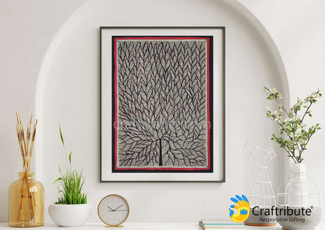 Madhubani Painting – Tree of Life (Black & Red)