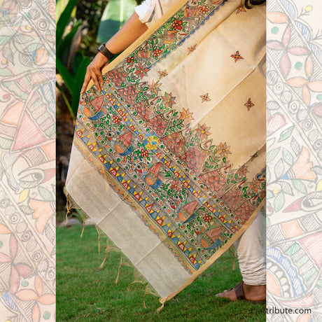 Madhubani hand painted Cotton Silk Dupatta – Triangles Border