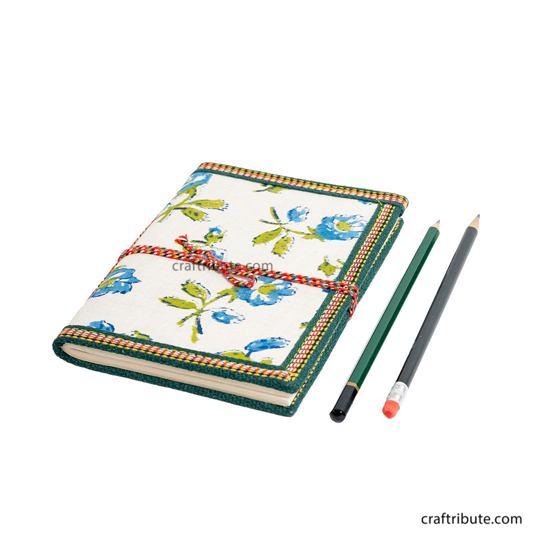 Hand stitched Notebook with String - White with Blue Floral Design