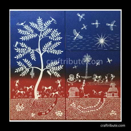 Tribal Warli Art - Set of 3 Paintings themed around 'Trilok' (3 worlds)