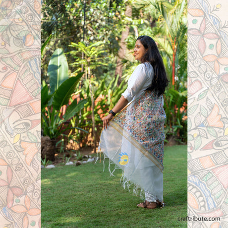 Madhubani hand painted Cotton Silk Dupatta - White Chaufula