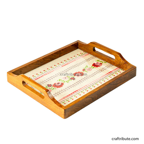 Hand Embroidered Jute base Serving Tray with beautiful roses design and a teak wood frame