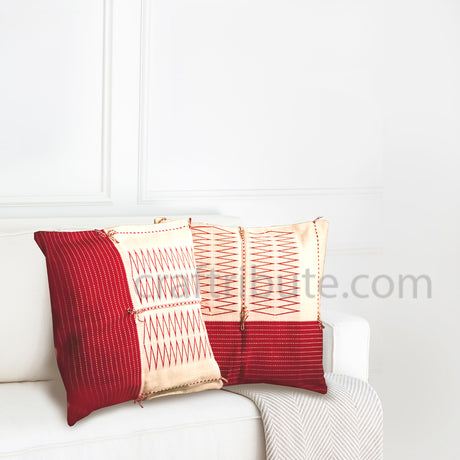 Backstrap Weave Handloom Cushion Covers from Nagaland - Red & white - Zig Zag design