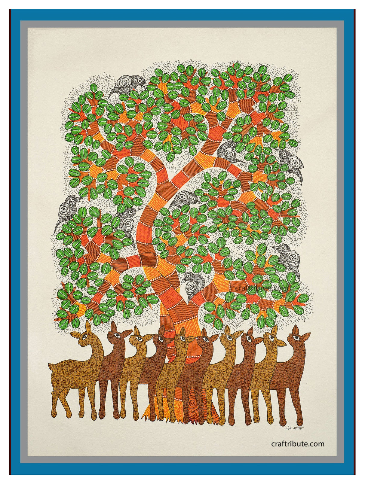 Gond Painting – Ten deer under a tree