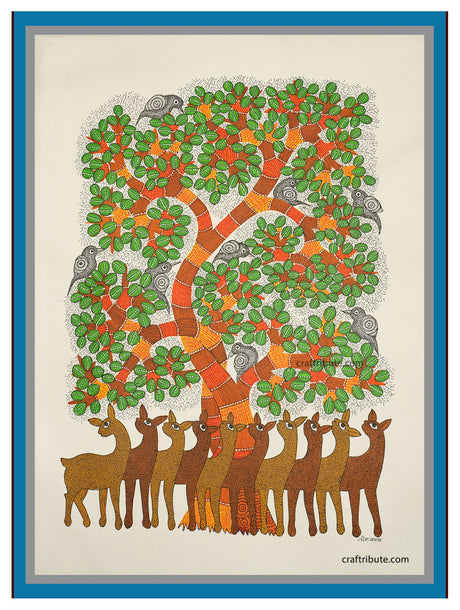 Gond Painting – Ten deer under a tree