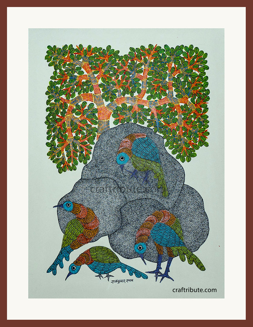 Gond Painting with a frame depicting birds on rock