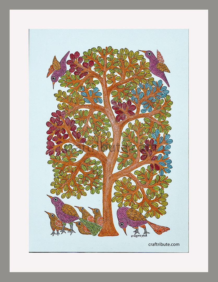 Intricate and colourful Gond Painting with a frame depicting birds under a tree