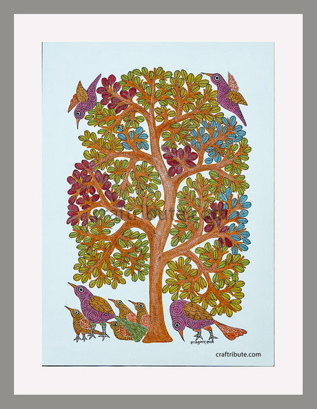 Intricate and colourful Gond Painting with a frame depicting birds under a tree