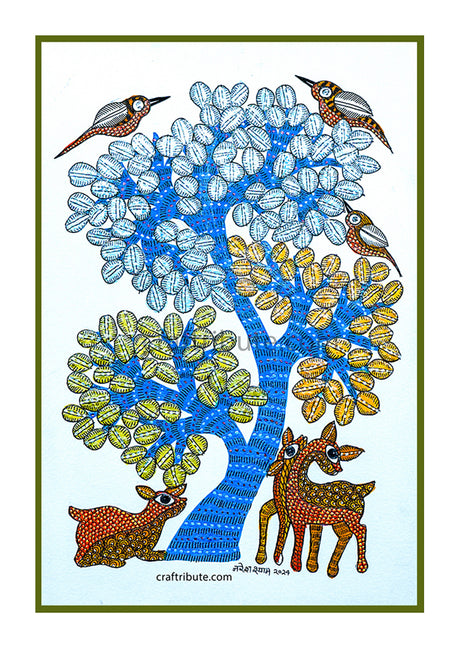 Hand painted Gond Art with frame elaborating a tree with intricate textures on its bark and leaves
