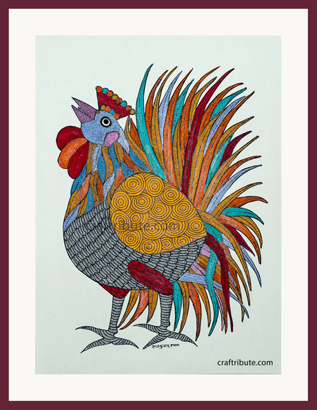 Tribal Art - Colourful Gond Painting of a Rooster with frame