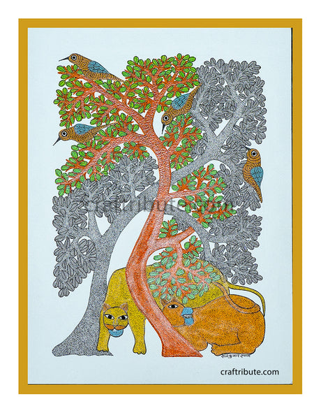 Gond Painting – Tigers under a Tree