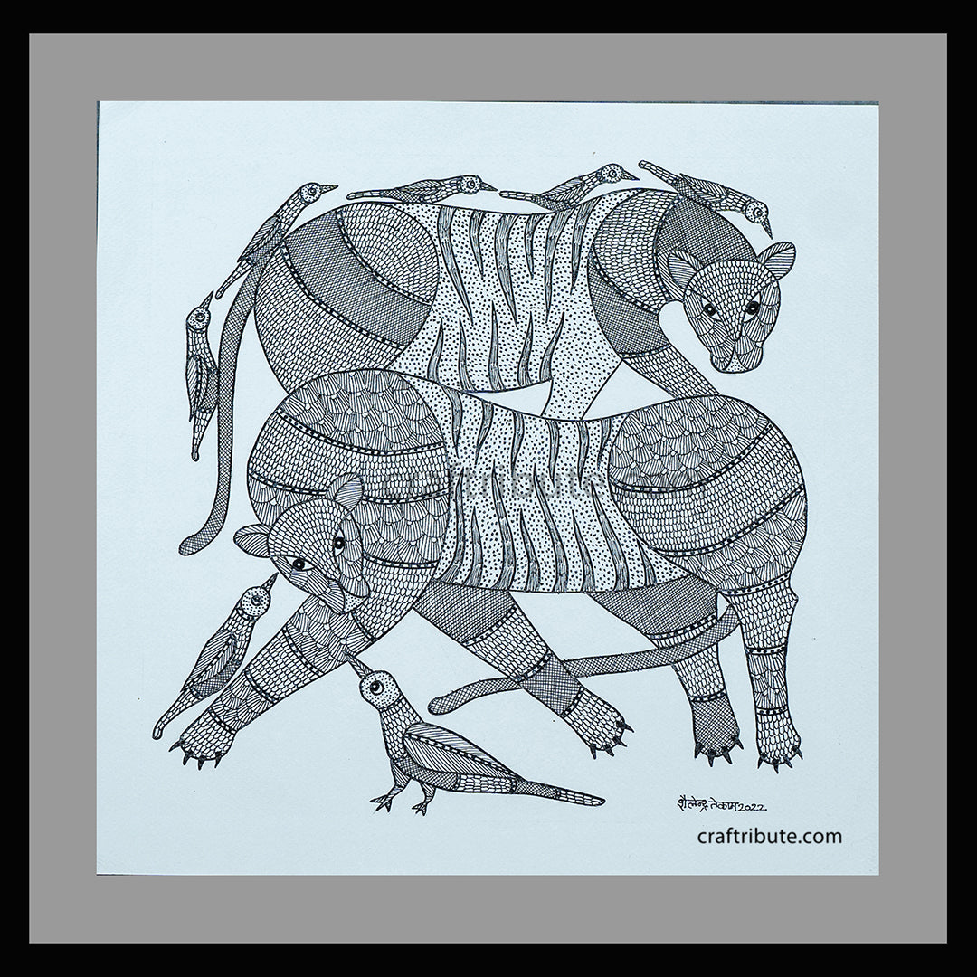 Authentic Tribal Gond Painting | Craftribute | Two Tigers  | Wall Decor - 38 cm x 38 cm