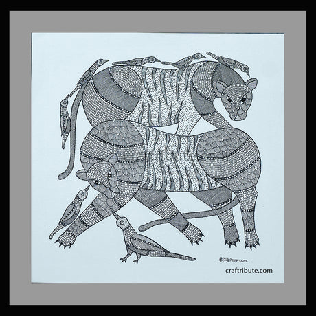 Authentic Tribal Gond Painting | Craftribute | Two Tigers  | Wall Decor - 38 cm x 38 cm