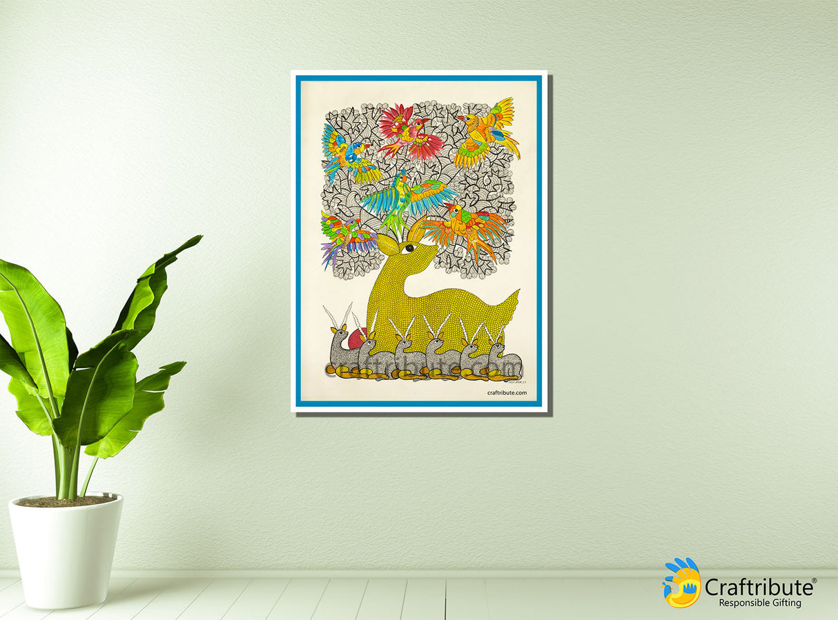 Tribal Art Gond Painting – Golden Deer framed on the wall