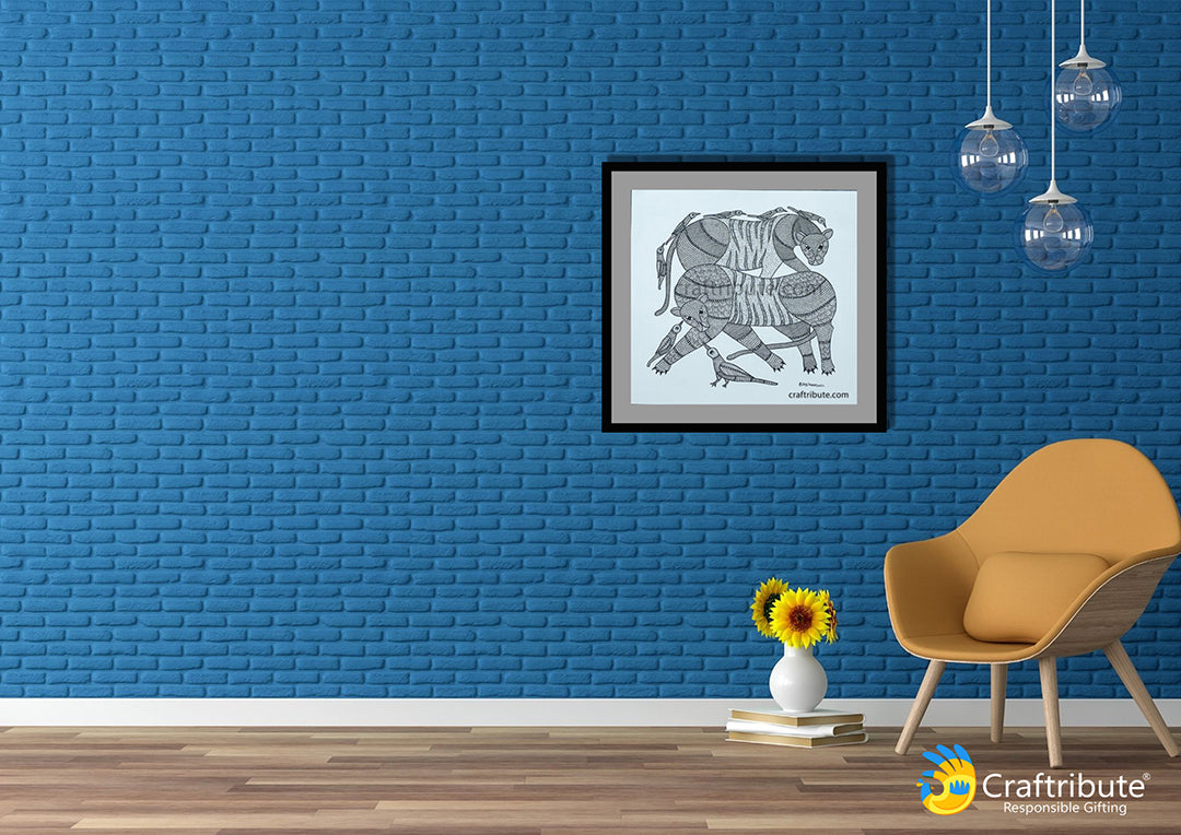Authentic Tribal Gond Painting | Craftribute | Two Tigers  | Wall Decor - 38 cm x 38 cm