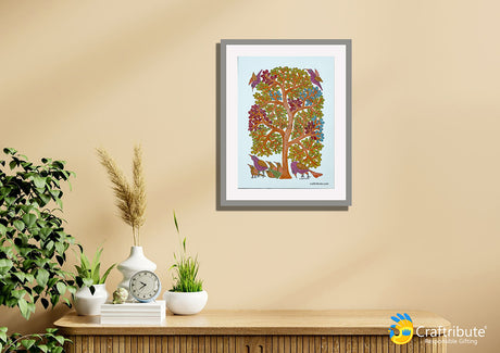 Authentic Gond Painting framed on the wall depicting birds under tree