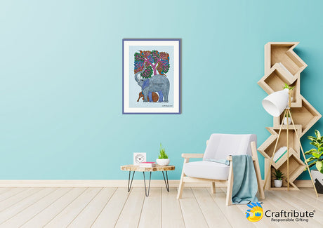 Tribal Art Gond Painting framed on the wall depicting elephants under a tree
