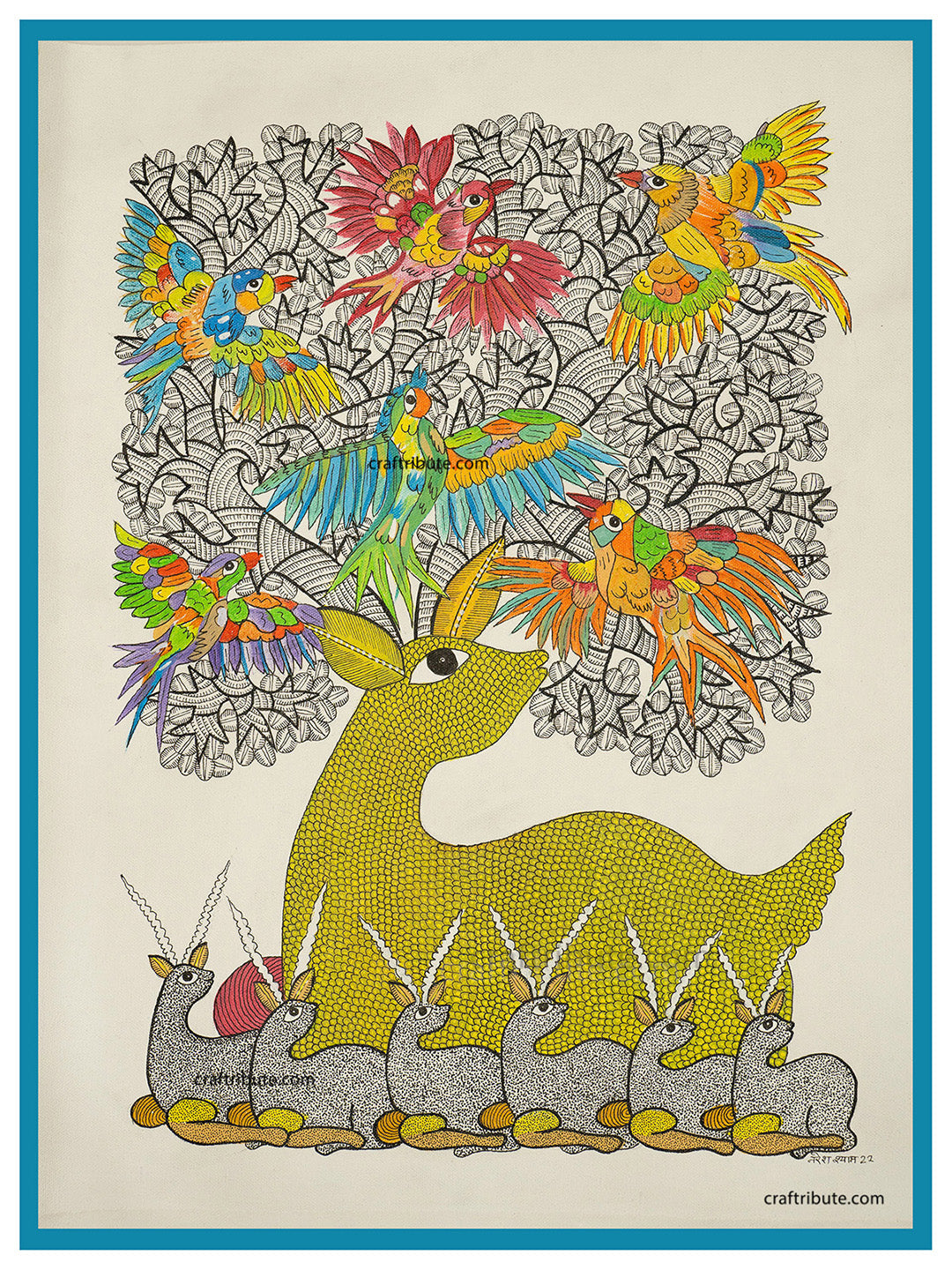 Tribal Art Gond Painting – Golden Deer with frame
