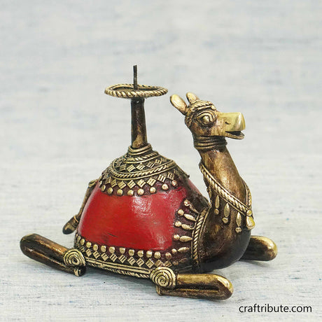 Handcrafted Dhokra Sitting Camel Candle Stand in attractive red colour and brass ornamentation