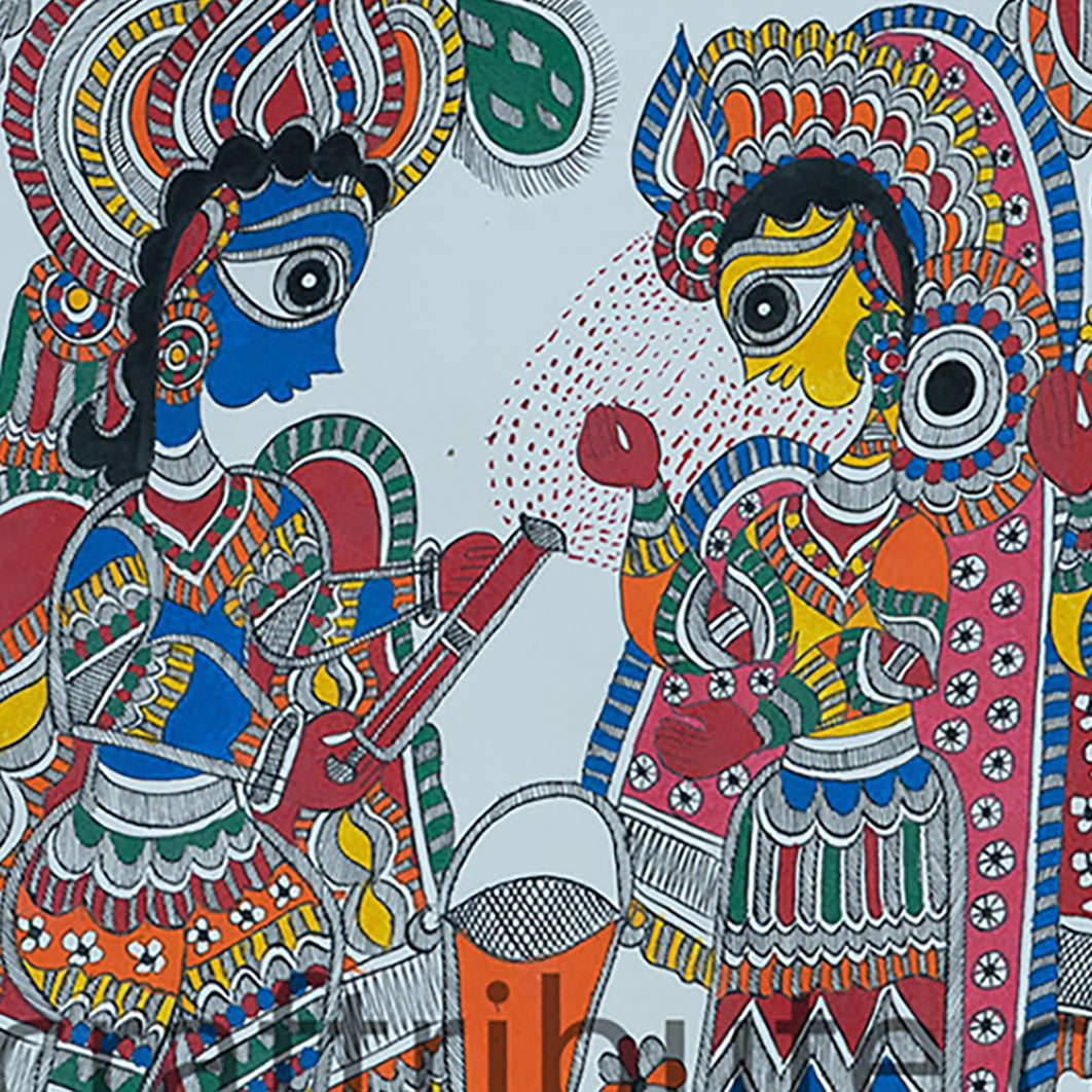 Colourful Madhubani Painting in Bharni style depicting Radha Krishna playing holi in Brindavan.