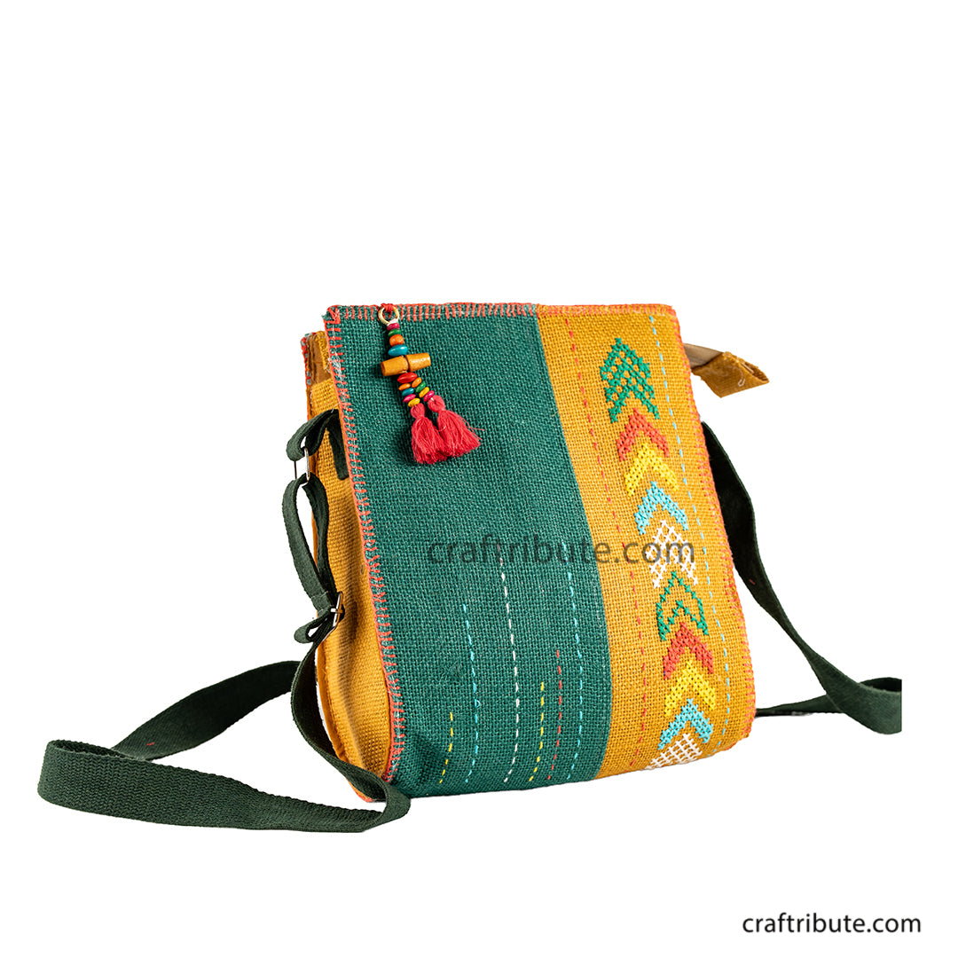 Hand embroidered Jute Sling bag in green and yellow