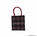 Hand bag with red handle showcasing Pakko Kutch Embroidery with 9 Stars design in attractive Green & silver combination