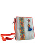 Front side of a hand embroidered jute sling bag in Grey with red belt