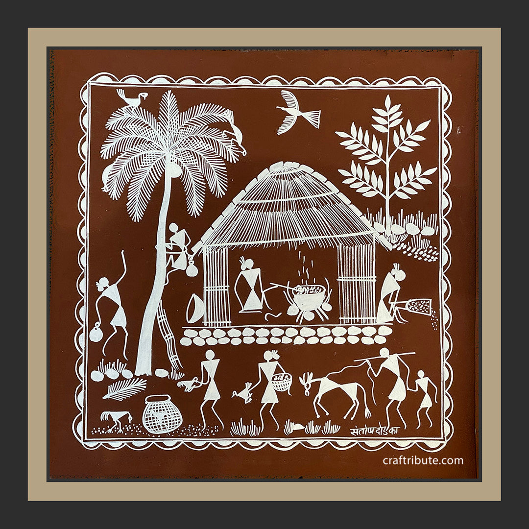 Tribal Warli Painting | Craftribute | Palm Tree and House | Wall Decor 30 cm x 30 cm