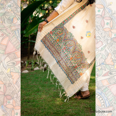 Madhubani hand painted Cotton Silk Dupatta – Arch Border