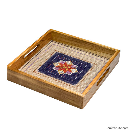 Hand Embroidered Jute Panel Tray with Teak Wood Frame