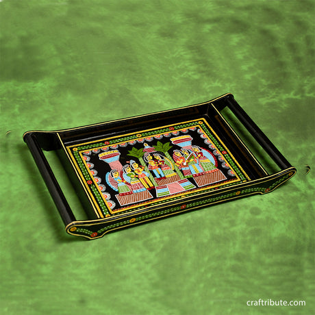 Tikuli art hand painted serving tray in black with intricate wedding design in bright colours 