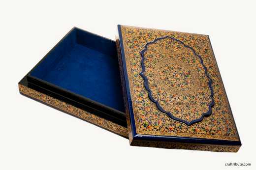 Hand painted Jewellery Box in blue and golden displaying the rich inside velvet finishing