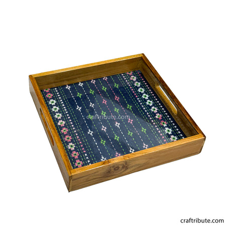 Hand Embroidered Jute Panel Teak Wood Tray
