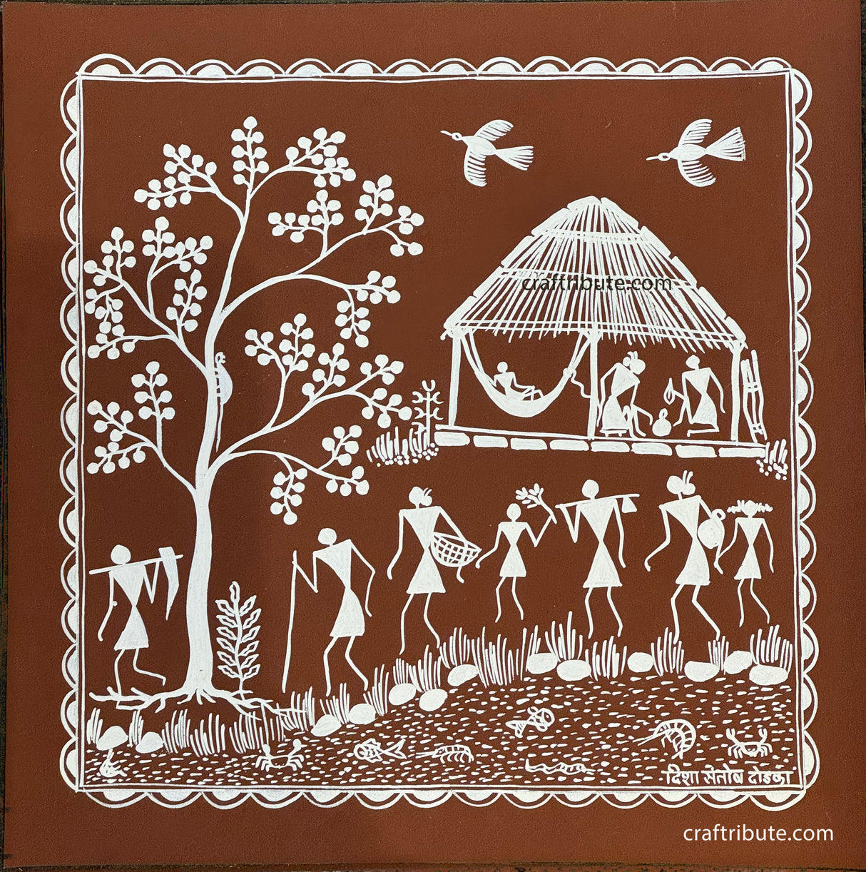 Authentic Tribal Warli Painting | Craftribute | Tree & House | Wall Decor 30 cm x 30 cm