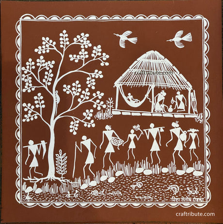 Authentic Tribal Warli Painting | Craftribute | Tree & House | Wall Decor 30 cm x 30 cm