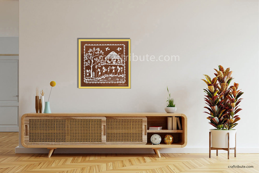 Authentic Tribal Warli Painting | Craftribute | Tree & House | Wall Decor 30 cm x 30 cm