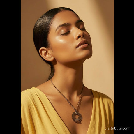 A model wearing minimalist yet stylish copper necklace with circular pendant and a chain